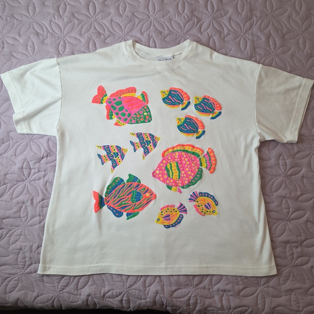 Vintage Women's MY CHOICE Tropical Fish Short Sleeve Shirt Puff Paint Med USA